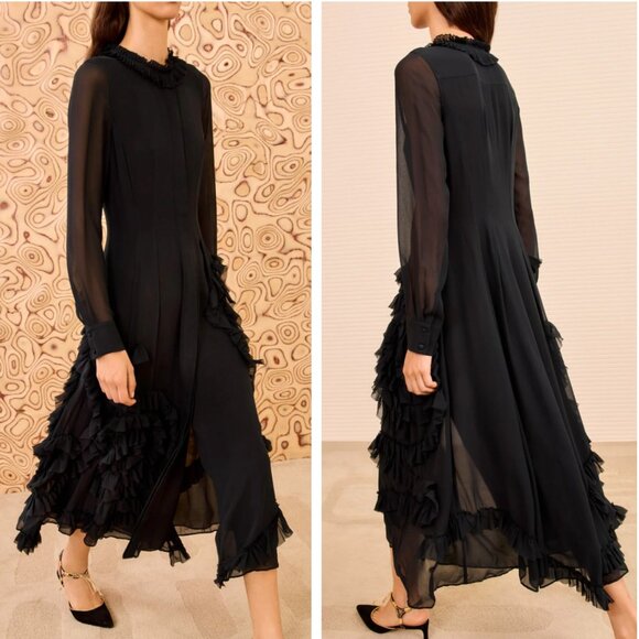NEW Ulla Johnson Rhea Shirt Maxi Dress with Ruffle Skirt Black Noir Silk Sz4/6/8 - Picture 1 of 8